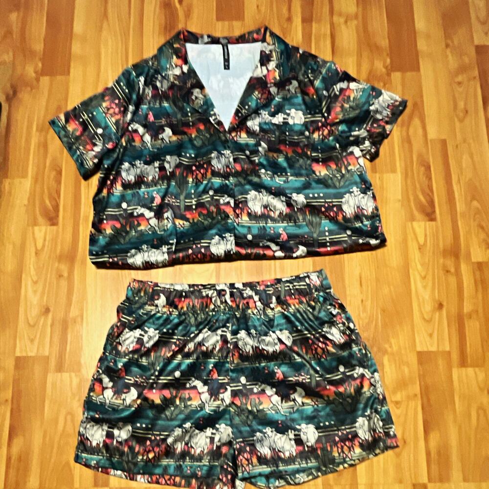 Crazy Train 2-Piece Western Graphic Print Pajama Shirt & Shorts Set Multicolor L